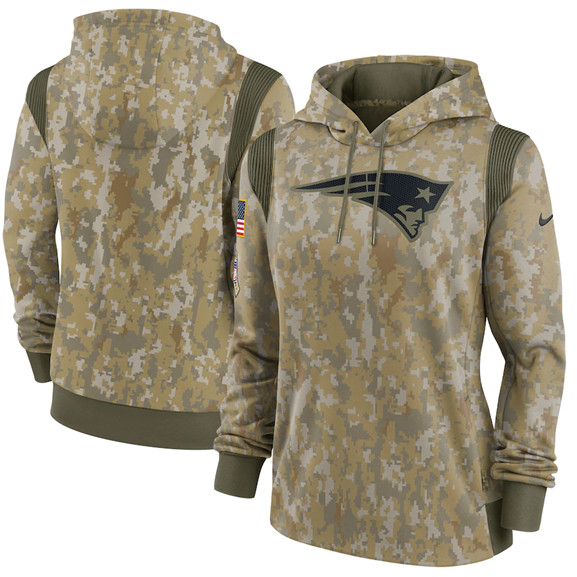 Women's New England Patriots 2021 Camo Salute To Service Therma Performance Pullover Hoodie(Run Small)